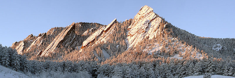 The Flatirons rock formation viewed from Chautauqua Park in Boulder