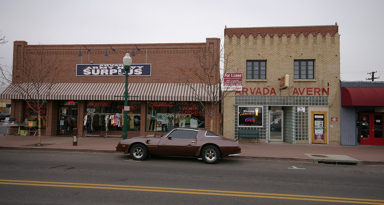 Olde Town Arvada — a historic streetscape of restored brick storefronts